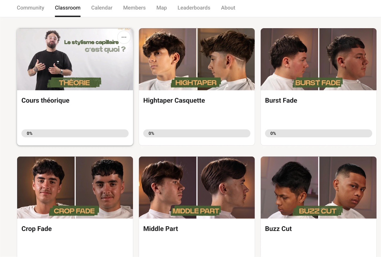 La classroom de THE lab Academy online sur Skool : cours théorique, Hightaper casquette, Burst fade, Crop fade, Middle part et Buzz cut