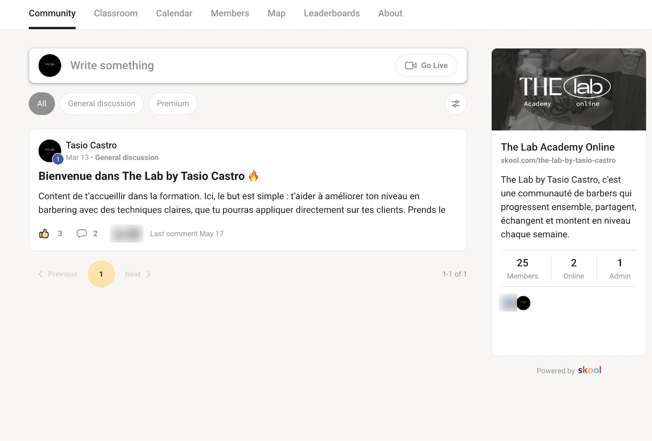 La communauté THE lab Academy online sur Skool : le message de bienvenue de Tasio Castro